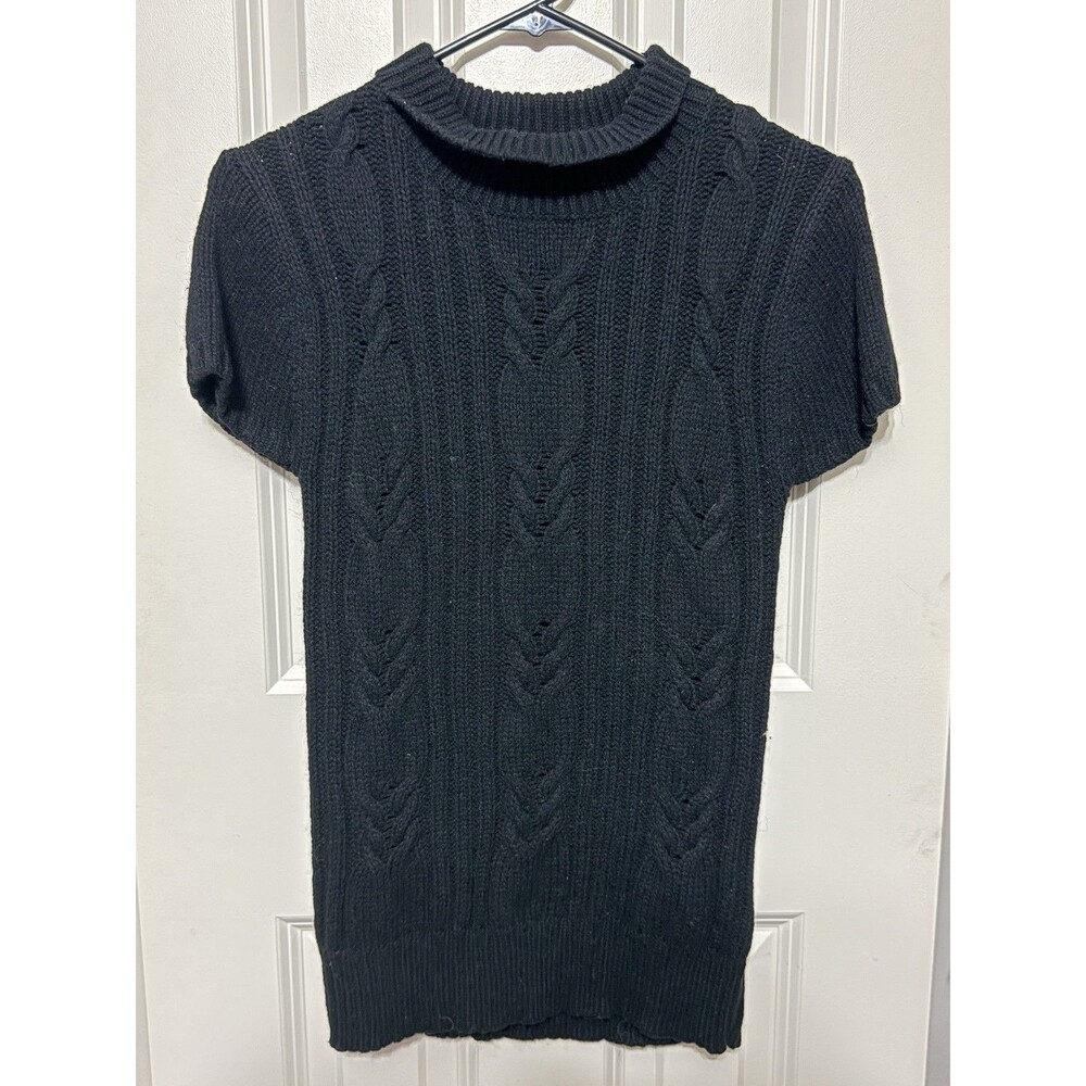Vintage Old Navy S Black Lambswool Blend Cable Knit Tunic Sweater Short Sleeve